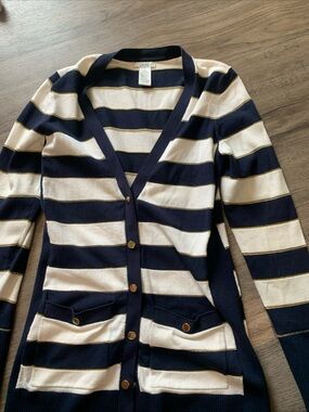 Cache Navy, Cream & Gold Trim Striped Snap Cardigan